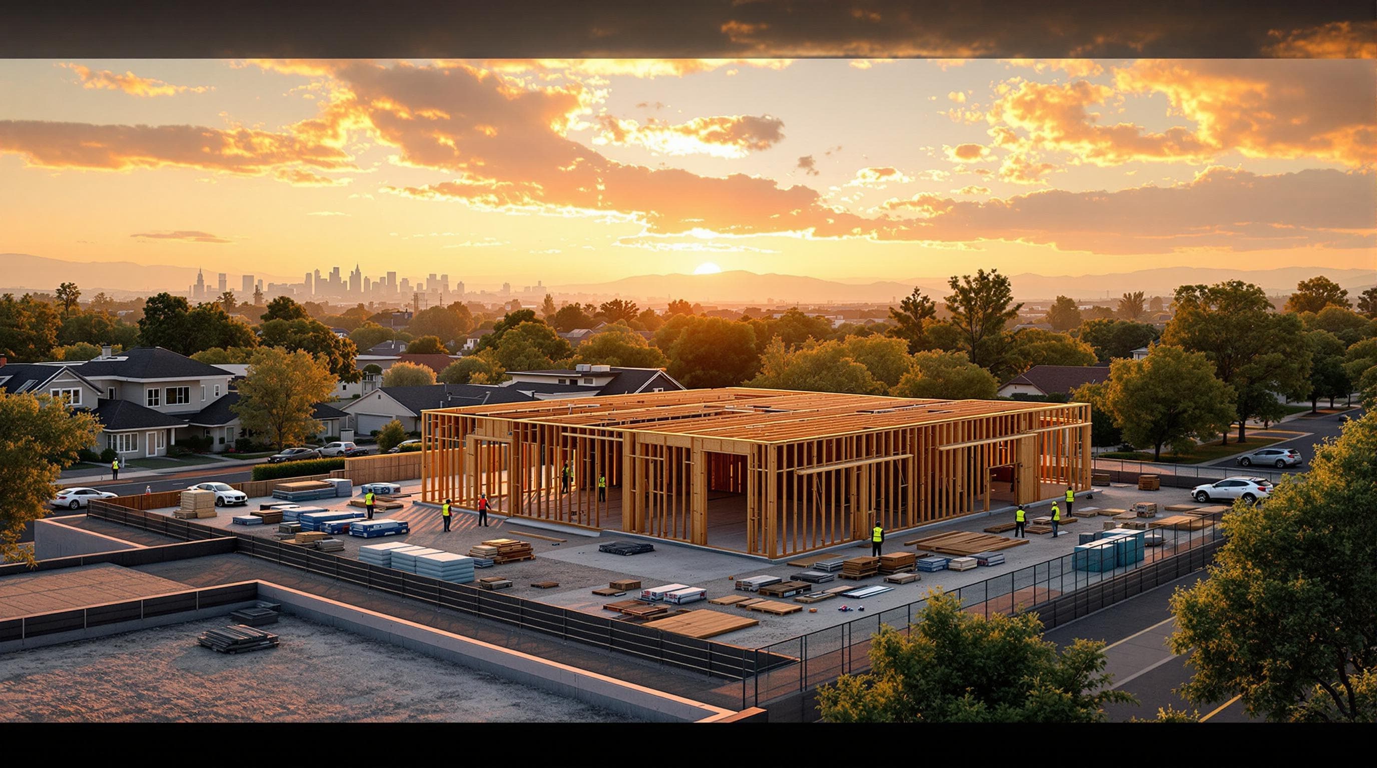 Aerial view of a timber-framed building under construction at sunset, with a city skyline on the horizon