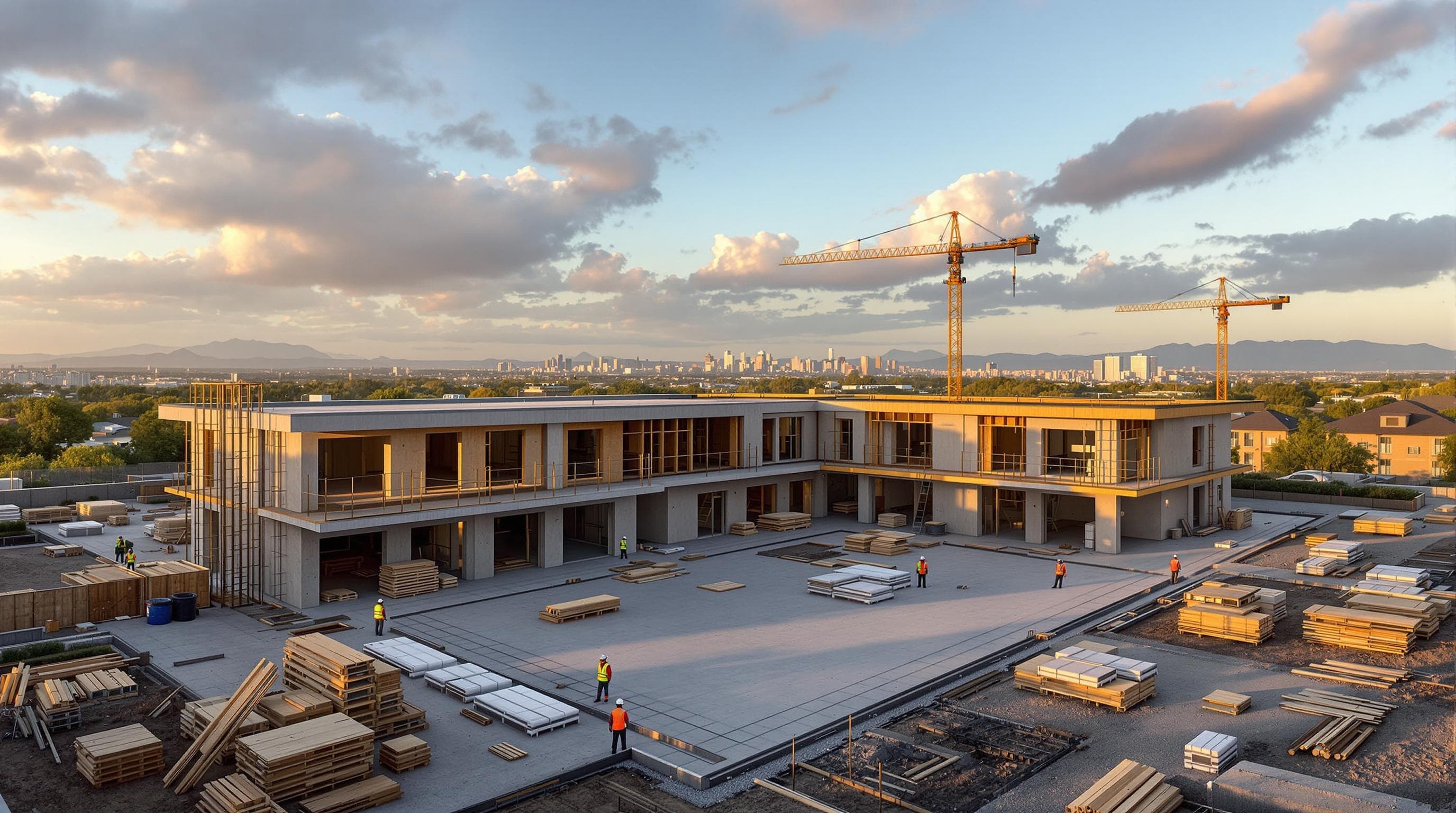 Two-story concrete building under construction at sunset, with two tower cranes and workers on the slab