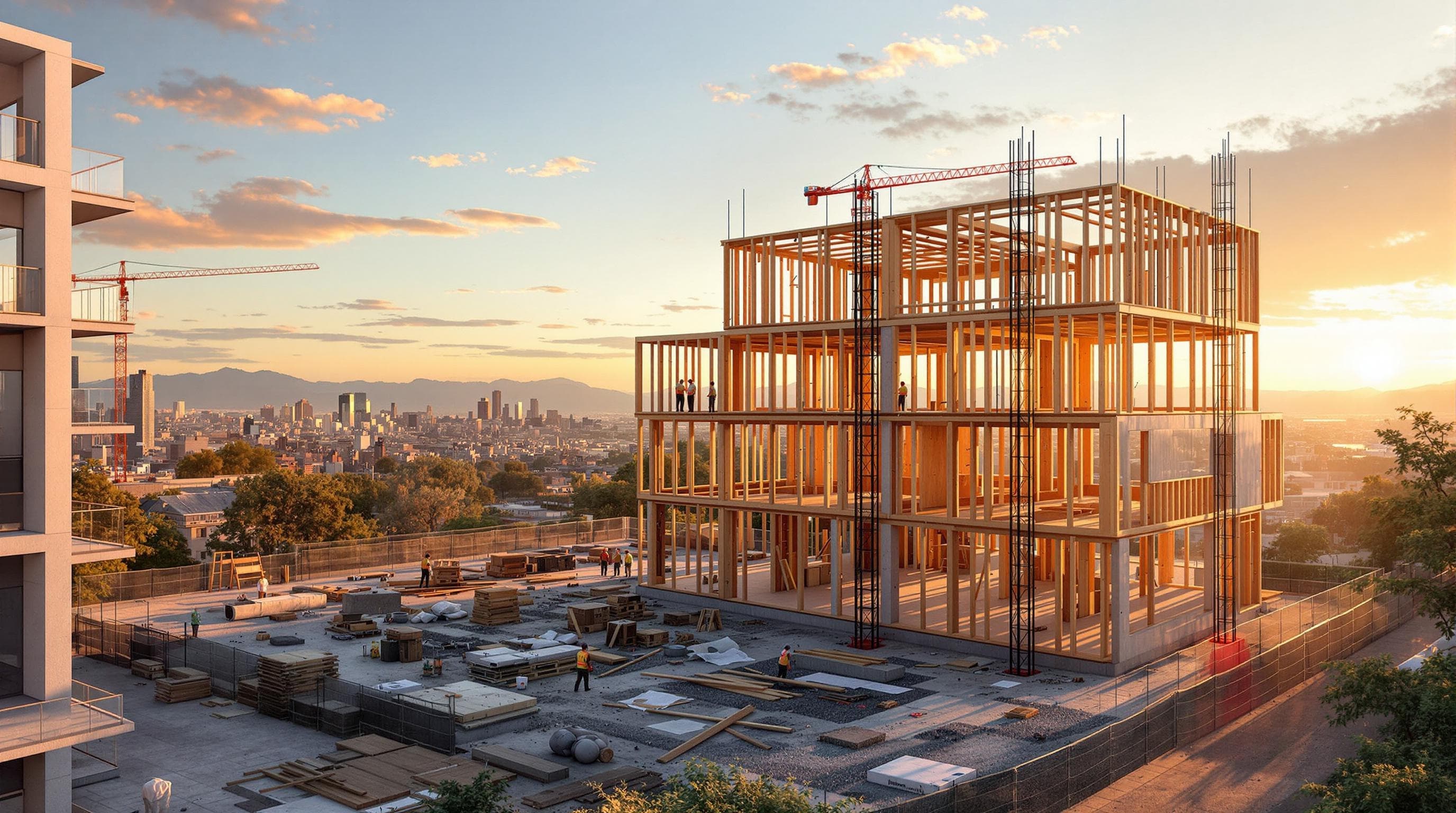 Multi-story timber frame under construction with a tower crane, with a city skyline in the distance
