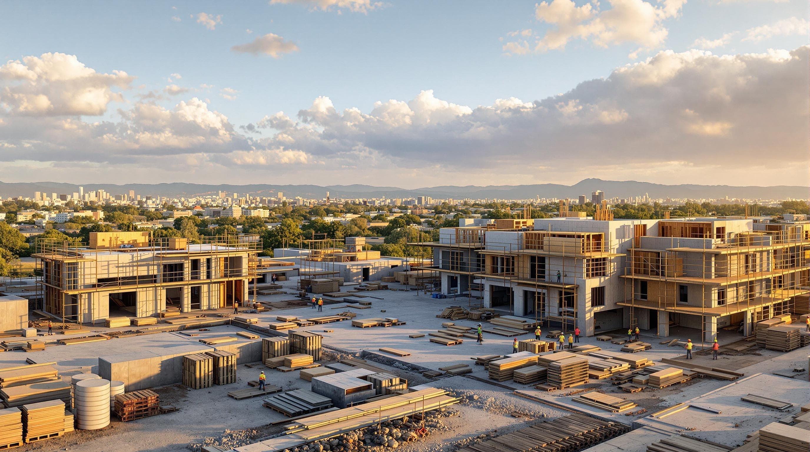 Wide view of a multi-building construction site with partly built concrete structures and staged materials