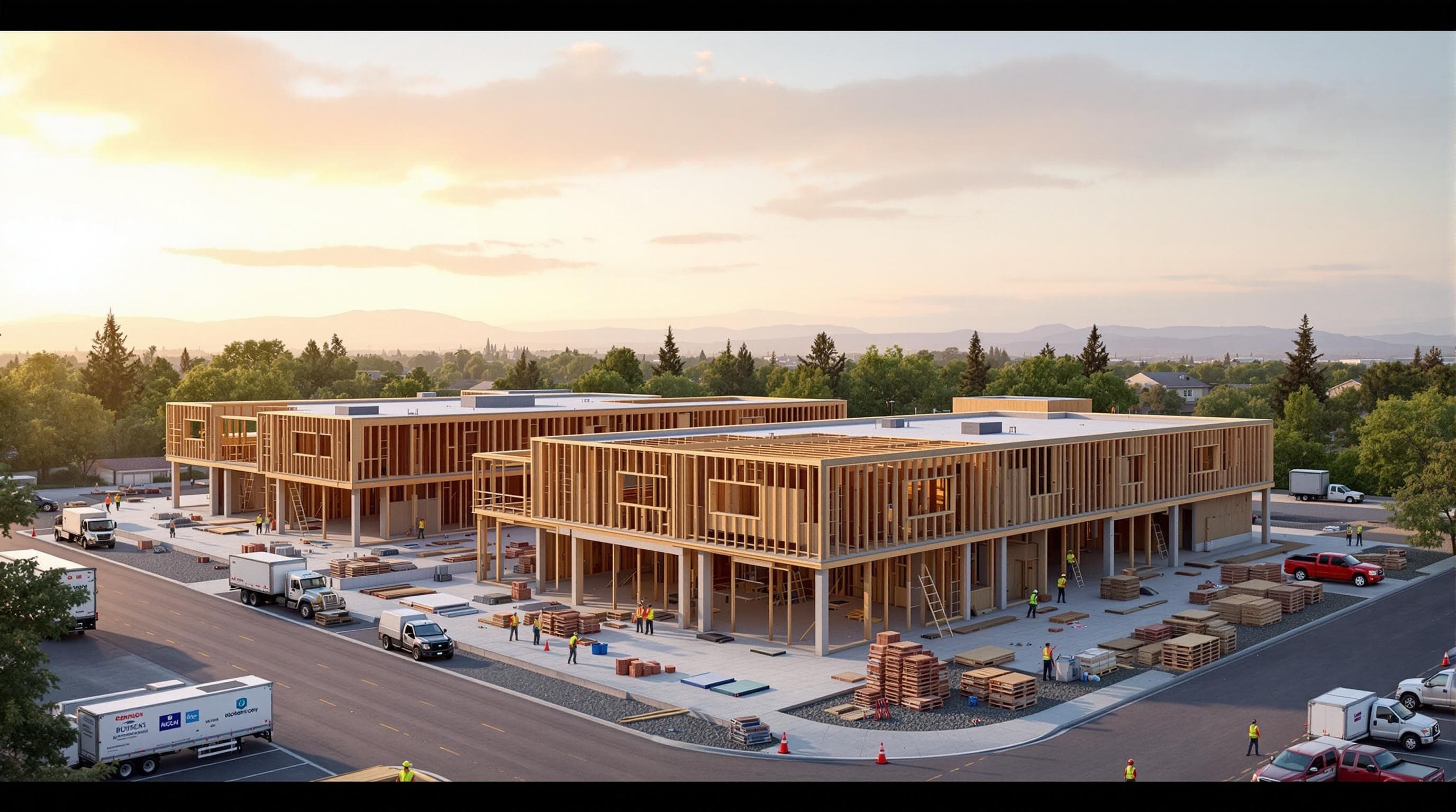Aerial view of two timber-framed buildings under construction, with delivery trucks and stacked materials on site