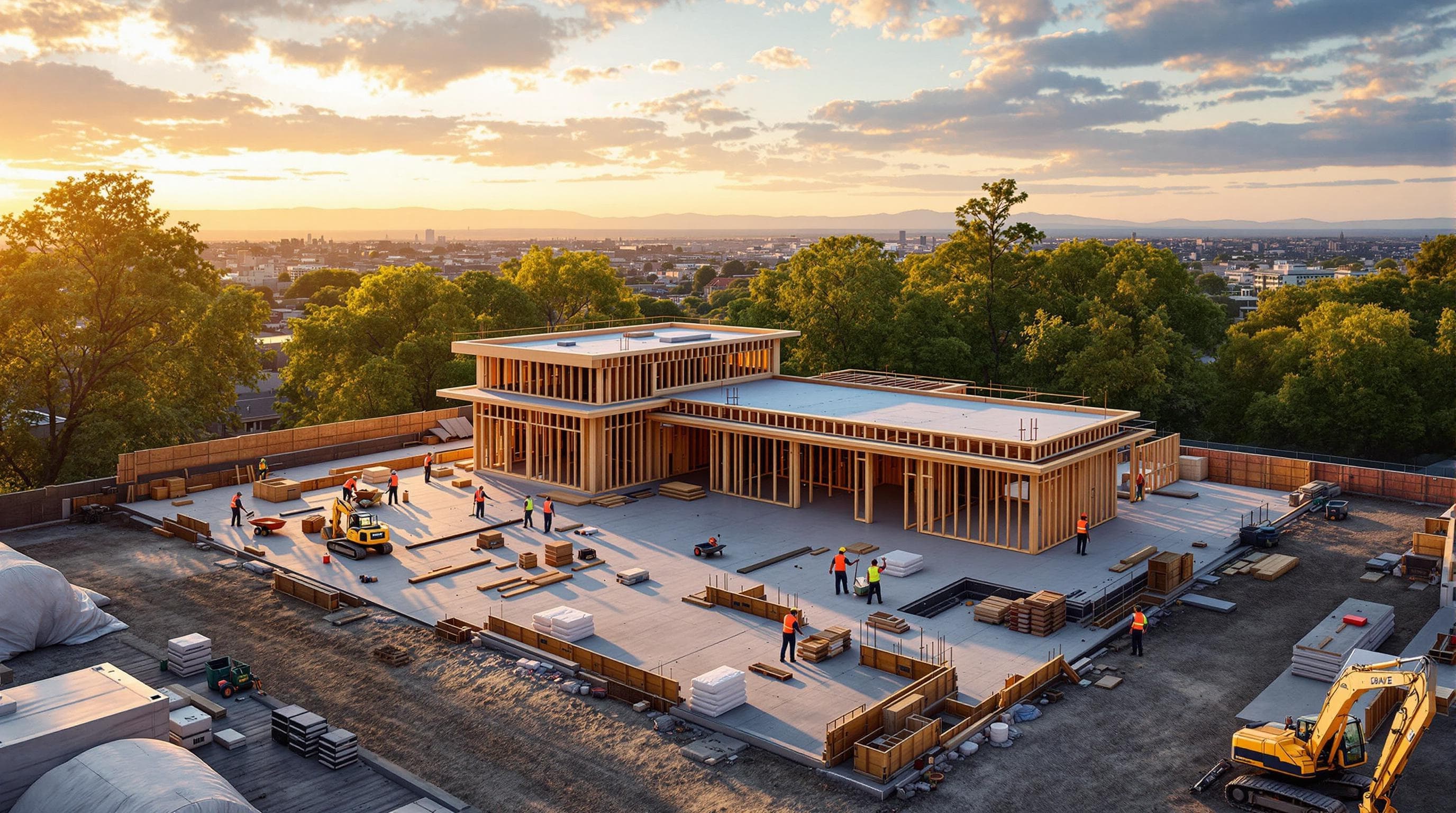 Aerial view of a timber-framed building on a concrete slab at sunset, with an excavator and workers on site