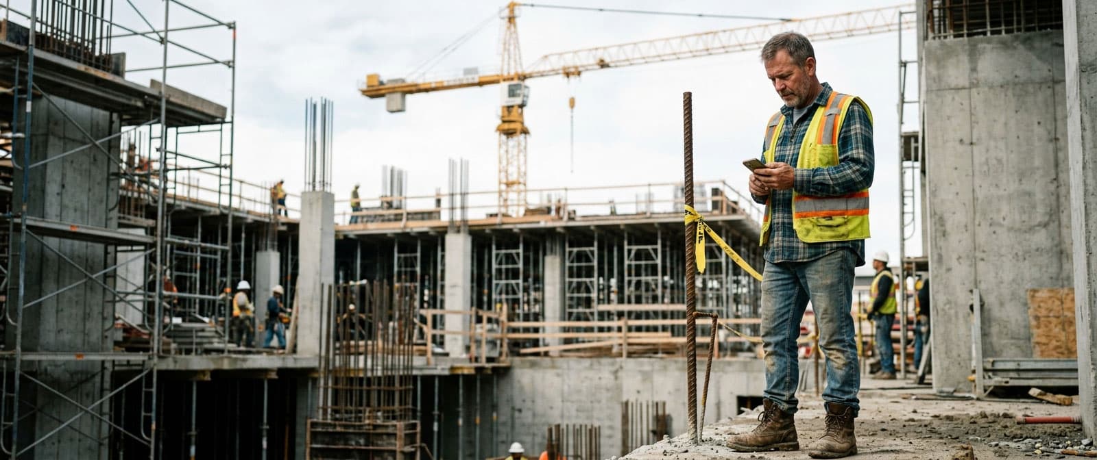 Site supervisor checking a Buildcam feed on a live construction site
