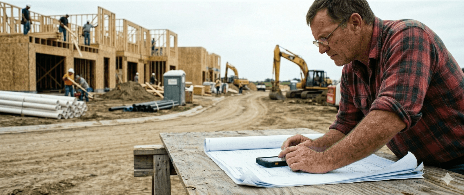 A site supervisor reviews plans and checks his phone on a US residential construction site.